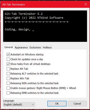 Alt-Tab Terminator Settings: General